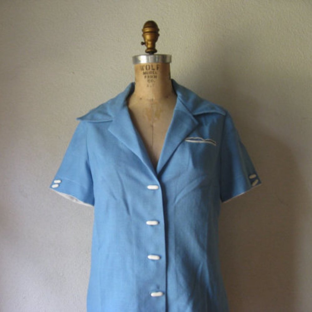 Vintage l 70s L Verona Knits Blue Nautical Sailor Pointed Collar Button Down Top